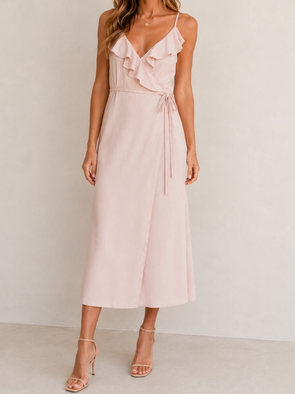 1. State Ruffled Chiffon Midi Wrap Dress Flowy Dress Blush Pink Size 6 NWOT - Picture 1 of 11